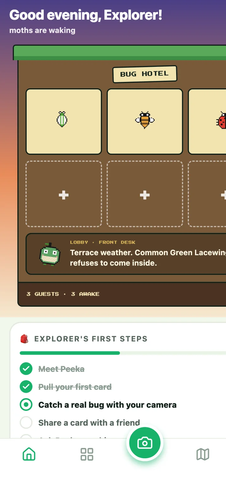 App screen: the Bug Hotel at dusk with three guests and the front desk line